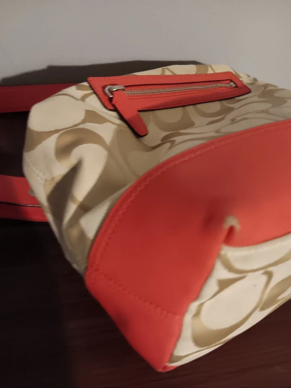 Coach Beige Signature Canvas Shoulder Bag with Red Trim